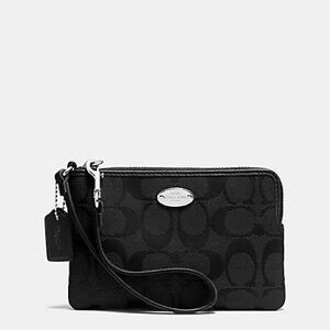 Coach Corner Zip Wristlet F64375 - Signature Jacquard Fabric - Black w/ Silver